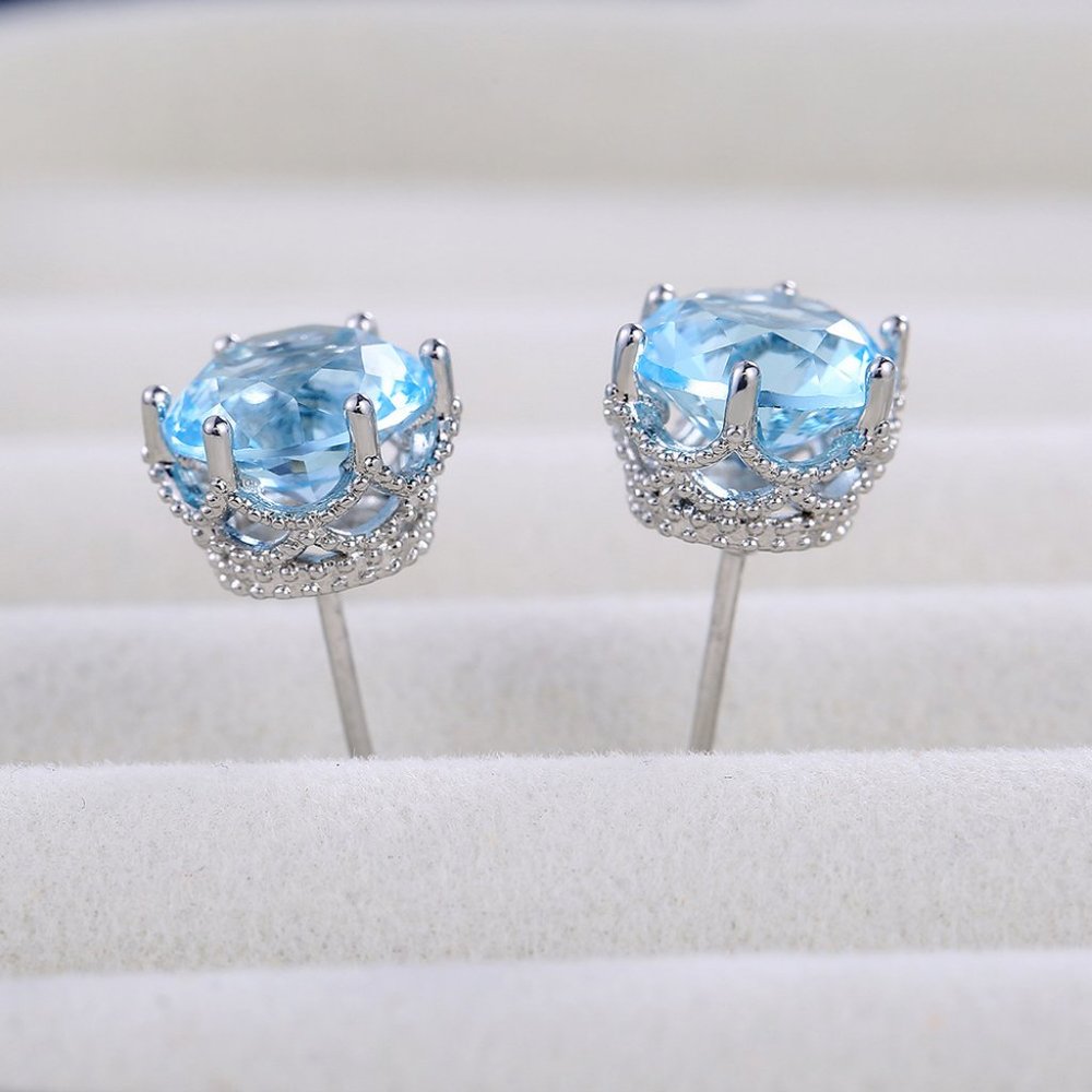 NEW 4CT Silver Round Aquamarine Stud Earrings - Picture 6 of 6